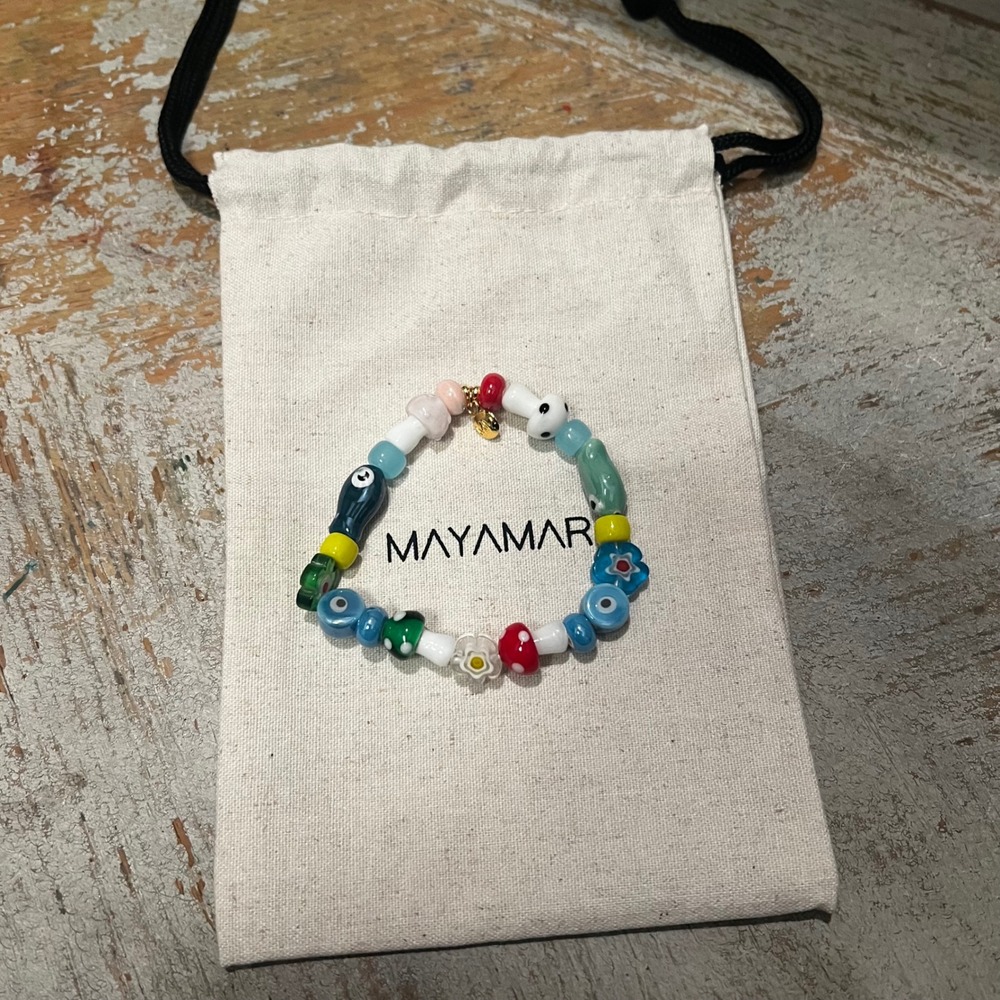 Mayamar Glass Bead Mushroom Evil Eye Fish Stretch Bracelet Multicolor with Pouch